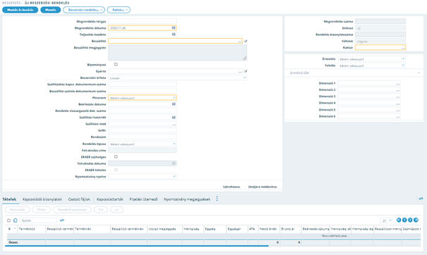 Smartfront ÁFD 5.12 > Beszerzési rendelés > image2020-11-26_10-1-42.png (Beszerzési rendelés rögzítő képernyő) Beszerzési rendelés rögzítő képernyő